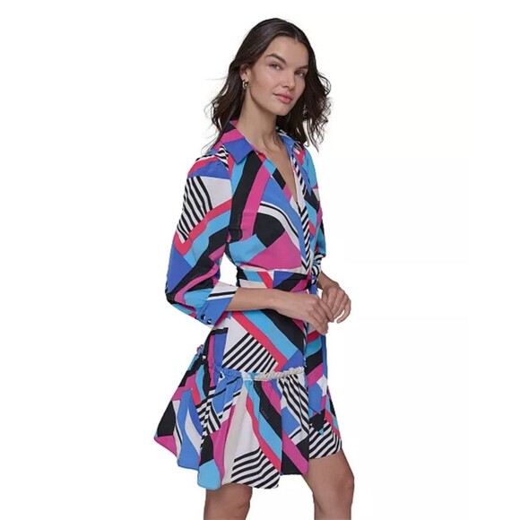 KARL LAGERFELD PARIS Crepe Geometric Print Collar 3/4 Sleeve Belted Dress Sz 10 - Picture 7 of 9